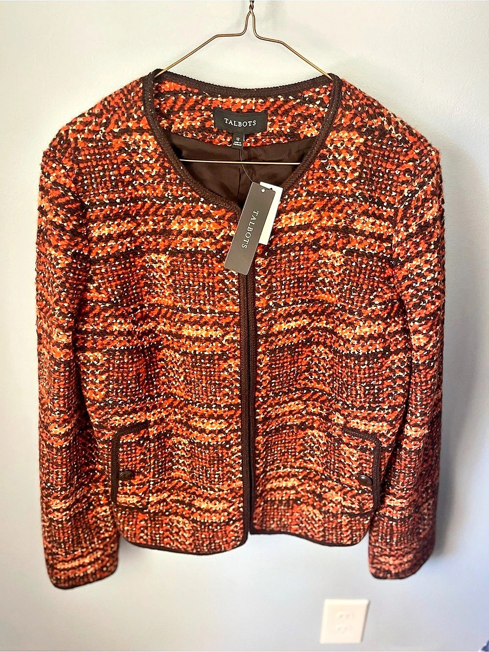 Talbots Wool Blend Full Zip Tweed Jacket Orange & Brown Size 12 NWT